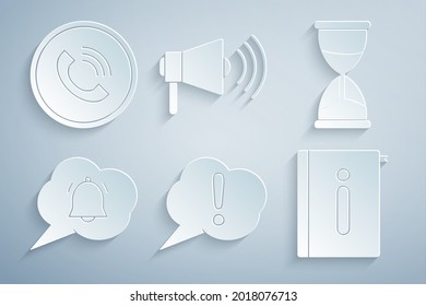 Set Speech bubble Exclamation, Hourglass, chat notification, User manual, Megaphone and Phone call icon. Vector