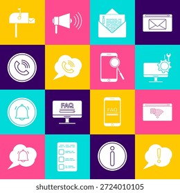 Establecer Exclamación de burbuja de voz, Sin conexión a Internet, Servicio de monitor de computadora, Sobre, con llamada telefónica, Teléfono, Buzón de correo abierto e icono de diagnóstico móvil. Vector