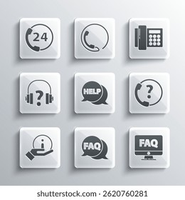 Set Speech bubble with FAQ, Computer monitor and, Telephone 24 hours support, text Help, Information, Headphones,  and  icon. Vector