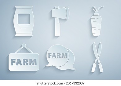 Set Speech bubble with Farm, Carrot, Signboard text, Gardening handmade scissors, Wooden axe and Fertilizer bag icon. Vector