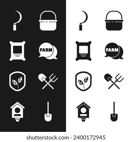 Set Speech bubble with Farm, Fertilizer bag, Sickle, Basket, Shield leaf, Shovel and rake,  and Bird house icon. Vector