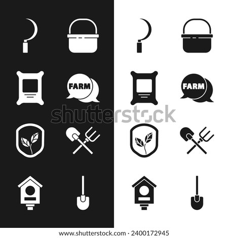Set Speech bubble with Farm, Fertilizer bag, Sickle, Basket, Shield leaf, Shovel and rake,  and Bird house icon. Vector