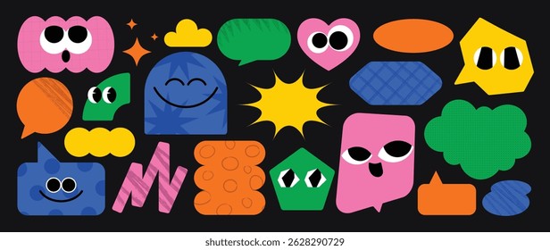 Set of speech bubble and funny shape element vector. Collection of cartoon characters, cute doodle dawn, geometric, organic shape with fun eye. Design for decorative, sticker, toys and kids.