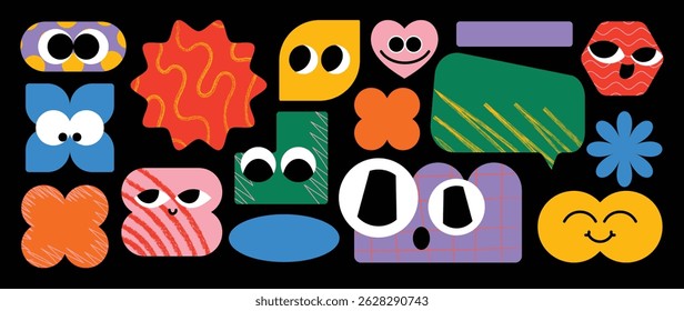 Set of speech bubble and funny shape element vector. Collection of cartoon characters, cute doodle dawn, geometric, organic shape with fun eye. Design for decorative, sticker, toys and kids.