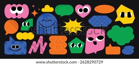 Set of speech bubble and funny shape element vector. Collection of cartoon characters, cute doodle dawn, geometric, organic shape with fun eye. Design for decorative, sticker, toys and kids.