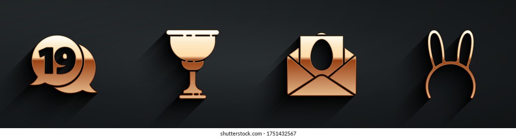 Set Speech bubble with happy easter, Christian chalice, Greeting card with Happy Easter and Mask with long bunny ears icon with long shadow. Vector