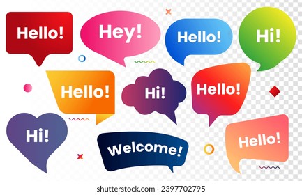 Set of Speech Bubble Hello Coloring vector. colorful Text Hello sign. Speech Red bubble with word Hello. Red Bubble Isolated on white background.