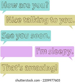 A set of speech bubble icons containing greeting words