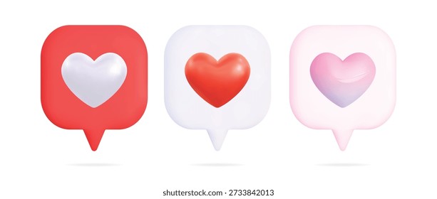 Conjunto de ícones de balão de fala com reações cardíacas, fundo transparente, símbolos renderizados em 3D para curtidas em mídias sociais, mensagens de amor, comunicação romântica, interação com o usuário e conceitos de interface digital