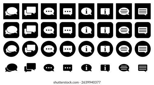 Set of speech bubble icons. Live chat or support, info. Set of black and white round and square icons.