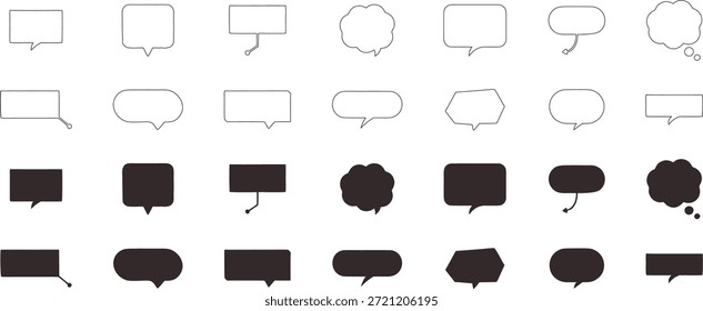 Set of speech bubble icons in outline and solid styles on a white background. Various dialog shapes represent communication, messaging, and conversation concepts. Ideal for comics, chat apps, infographics, and graphic design projects.