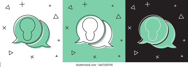 Set Speech bubble and light bulb with concept of idea icon isolated on white and green, black background. Energy and idea symbol.  Vector Illustration