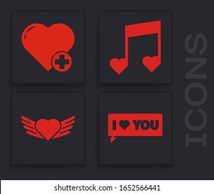 Set Speech bubble with I love you, Heart, Music note, tone with hearts and Heart with wings icon. Vector