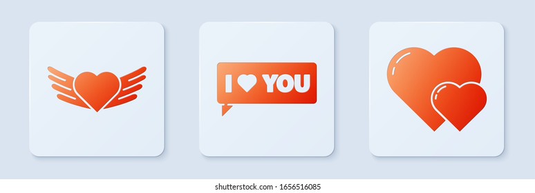 Coloca la burbuja del habla con yo te amo, corazón con alas y corazón. Botón cuadrado blanco. Vector