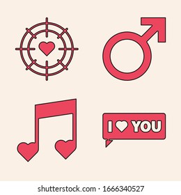 Set Speech bubble with I love you, Heart in the center of darts target aim, Male gender symbol and Music note, tone with hearts icon. Vector