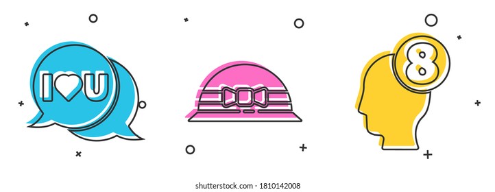 Set Speech bubble with I love you, Elegant women hat and 8 March in human head icon. Vector