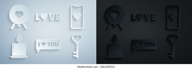 Set Speech bubble with I love you, Mobile phone heart, Burning candle, Key shape, Love text and Heart the center of darts target aim icon. Vector