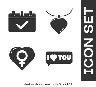 Set Speech bubble with I love you, Calendar with 8 March, Female gender in heart and Necklace with heart shaped pendant icon. Vector