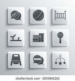 Set Speech bubble mom, Baby crib hanging toys, Rattle baby, food, potty, shoes,  and cradle icon. Vector