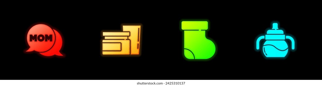 Set Speech bubble mom, Baby food, socks clothes and bottle icon. Vector