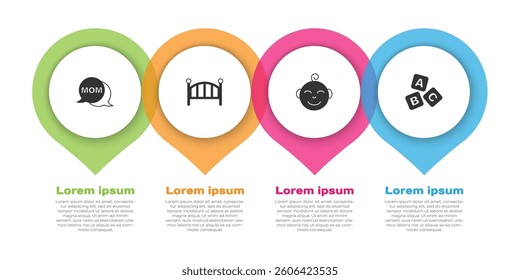 Set Speech bubble mom, Baby crib cradle bed, Little boy head and ABC blocks. Business infographic template. Vector