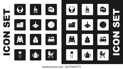 Set Speech bubble mom, Whirligig toy, Baby food, bib, Beach ball, Monitor Walkie Talkie, Toy train and potty icon. Vector