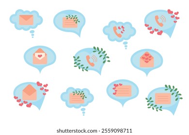 Set of speech bubble notifications for phone and computer. Pop-up notifications. Cute, cartoon style with watercolor, hearts and twigs. Vector illustration.