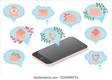 Set of speech bubble notifications for phone and computer. Pop-up notifications. Cute, cartoon style with watercolor, hearts and twigs. Vector illustration.