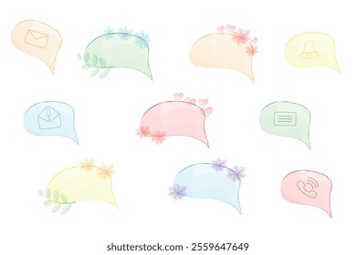 Set of speech bubble notifications for phone and computer. Pop-up notifications. Cute, cartoon style with watercolor, hearts and twigs. Vector illustration.