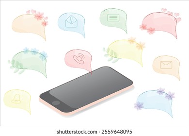 Set of speech bubble notifications for phone and computer. Pop-up notifications. Cute, cartoon style with watercolor, hearts and twigs. Vector illustration.