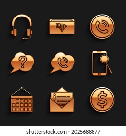 Setzen Sie eine Sprechblase mit Telefon-Anruf, Umschlag, Münzgeld Dollar, Mobile Diagnostics, Kalender, Frage, Telefon und Kopfhörer Symbol. Vektorgrafik