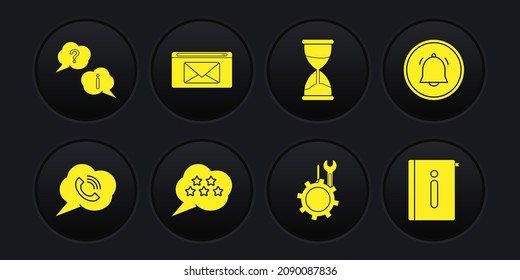 Set Speech bubble with phone call, Button chat notification, Five stars rating review, Wrench and screwdriver gear, Hourglass, Mail e-mail, User manual and Question Exclamation icon. Vector