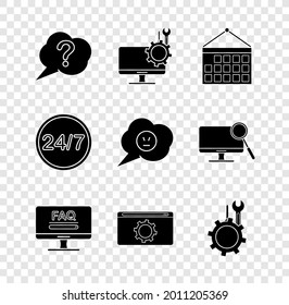 Set Speech bubble Question, Computer monitor service, Calendar, Monitor with FAQ information, Setting, Wrench and screwdriver gear, Clock 24 hours and angry smile icon. Vector