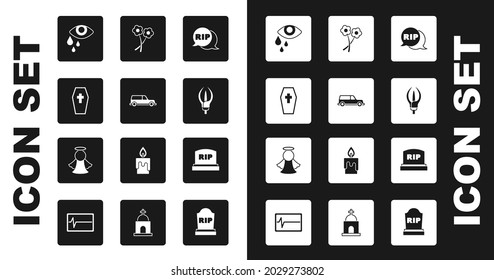 Set Speech bubble rip death, Hearse car, Coffin with cross, Tear cry eye, Lily flower, Flower, Tombstone RIP written and Angel icon. Vector