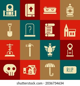Set Speech bubble rip death, Location grave, Church building, Coffin with dead, Grave tombstone, Shovel,  and Decree, parchment, scroll icon. Vector