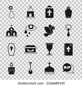 Set Speech bubble rip death, Holy bible book, Tie, Funeral urn, Tear cry eye, Church building, Flower vase and Dove icon. Vector