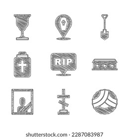 Set Speech bubble rip death, Grave with cross, Memorial wreath, Coffin, Mourning photo frame, Funeral, Shovel and Christian chalice icon. Vector