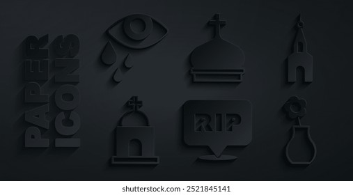 Set Speech bubble rip death, Church building, Old crypt, Flower vase, tower and Tear eye icon. Vector