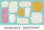 Set of speech bubble with ripped paper texture and grid and striped patterns foe back to school designs. Isolated vector elements
