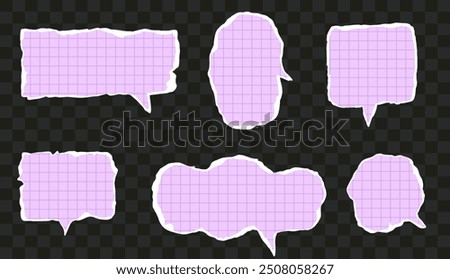Set of speech bubble with ripped paper texture and grid pattern