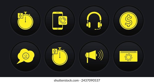 Set Speech bubble with sad smile, Coin money dollar, Stopwatch, Megaphone, Headphones, Mobile call, Setting and  icon. Vector