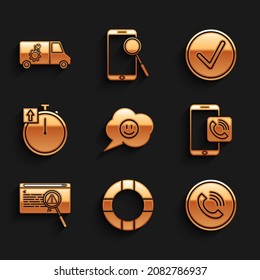 Set Speech bubble with smile face, Lifebuoy, Phone call, Mobile phone, System bug concept, Stopwatch, Check mark in circle and Car service icon. Vector