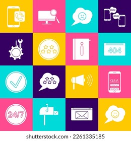 Set Speech bubble with smile face, Mobile Question and Exclamation, Page 404 error, sad, Five stars rating review, Wrench screwdriver gear, phone call and User manual icon. Vector