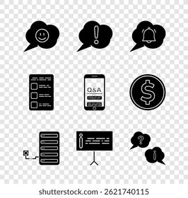 Set Speech bubble with smile face, Exclamation, chat notification, Server, Information, Question and, Create account screen mobile and Mobile icon. Vector