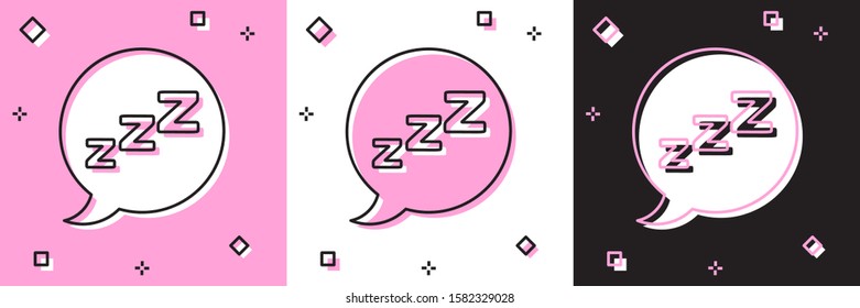 Set Speech bubble with snoring icon isolated on pink and white, black background. Concept of sleeping, insomnia, alarm clock app, deep sleep, awakening.  Vector Illustration