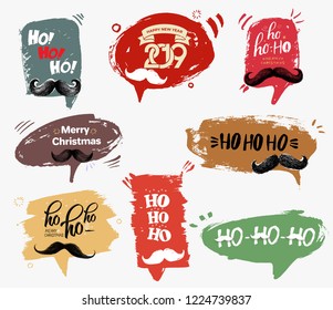 Set of speech bubble, snowflakes, Christmas card. Santa Claus mustache and handwritten text Ho-ho-ho! Sketch, grunge, watercolor. Vector illustration. Isolated on white background.