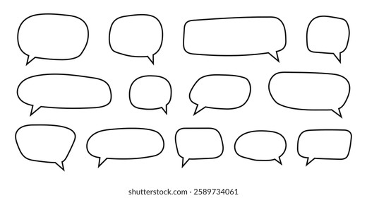 Set of speech bubble templates in doodle style. Dialog balloons, text boxes, quote frames, conversation tags and message banners isolated on white background. Vector outline illustration.