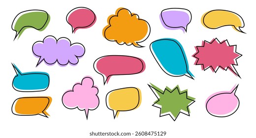 Set of speech bubble templates. Empty dialog balloons, text boxes, quote frames, message tags, conversation labels, communication stickers isolated on white background. Vector illustration.