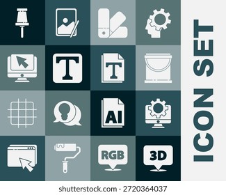 Establecer burbuja de voz con texto 3D, monitor de computadora y equipo, cubo de pintura, guía de paleta de colores, texto, cursor, pin de empuje e icono de documento de archivo. Vector