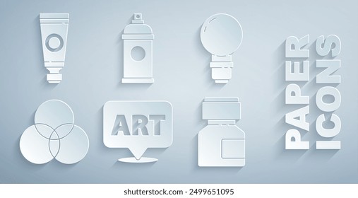 Set Speech bubble with text art, Light bulb, RGB and CMYK color mixing, Paint, gouache, jar, dye, spray can and Tube paint palette icon. Vector